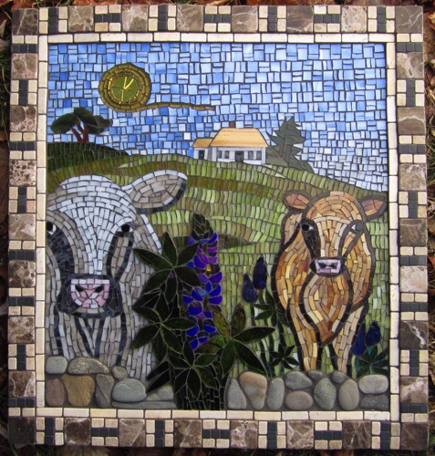 Cows and Lupine; 20" x 22"; stained glass, natural stone, marble; private home, ME